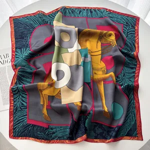 Elegant silk square scarf with horse print and geometric patterns in grey and red