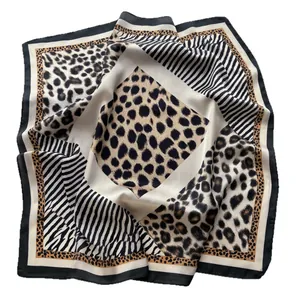 70cm vintage leopard and zebra print square satin silk scarf with black borders