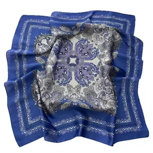 Royal blue paisley square silk scarf with mandala patterns and intricate border design