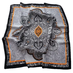 Elegant bohemian paisley silk square scarf with vintage gray, black and orange patterns