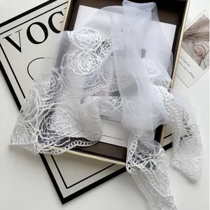 Elegant White Lace Rose Floral Embroidery Scarf Shawl For Women Wedding Bridal Mesh Square Headscarf Vintage Hollow Out Wrap