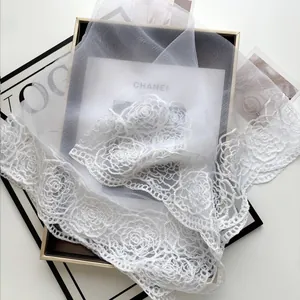 Elegant white lace shawl with camellia rose embroidery and scallop edges for bridal wear