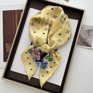 Pastoral Retro Yellow Floral Paisley Print Square Satin Scarf For Women Headscarf Hair Scarf Neck Scarf Shawl Fashion Accessory