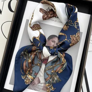 Elegant Satin Square Scarf For Women Vintage Equestrian Horse Bit Chain Printed Neckerchief Silk Feel Professional Hair Band