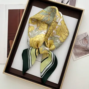 Carré de Soie Satin Imprimé Floral Pour Femmes Élégant Bordure à Rayures Foulard Bandeau Cheveux Accessoire de Mode