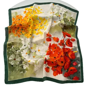 Floral print Georgette scarf for women featuring red poppies and green border
