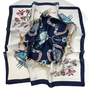 Navy and white square silk scarf with elegant baroque chain prints and golden floral patterns