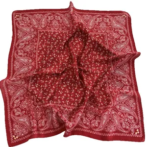 Luxurious red floral square scarf with paisley border and soft silk-like texture