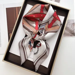 Vintage Nautical Theme Satin Square Scarf For Women Retro Anchor Chain Printed Hair Scarf Silk Like Neck Wrap Foulard