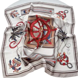 Elegant nautical silk scarf with anchor and helm prints on smooth white satin fabric