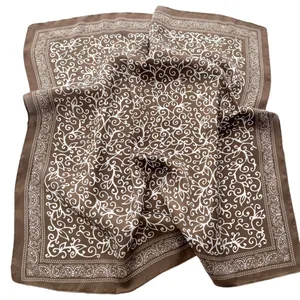 Brown satin square scarf with white floral patterns and paisley border for women