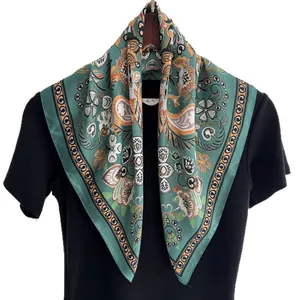 Ethnic retro paisley printed square silk scarf in deep green for summer accessory