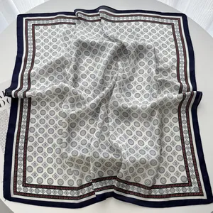 Classic 70cm square silk scarf with geometric mandala prints and dark blue borders