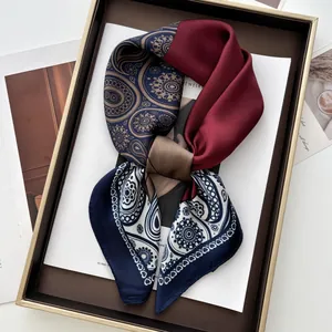 Women Retro Paisley Patchwork Satin Scarf Elegant Square Neck Wrap Lightweight Polyester Printed Accessories Navy Red