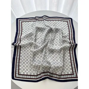 Elegant 70cm square scarf with vintage geometric prints and navy blue border