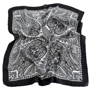 Vintage paisley print square silk scarf in classic black and white for women