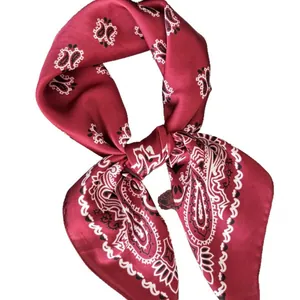 Red paisley satin square scarf 70x70cm with silky luster and elegant knotted style