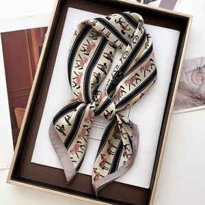French Elegant Equestrian Horse Print Satin Square Scarf Vintage Striped Silk Feel Neck Scarf Fashion Headband Accessory Women