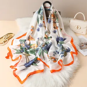 Elegant Floral Print Satin Scarf For Women Large Sun Protection Shawl Elegant Silky Long Wrap Daily Fashion Accessory