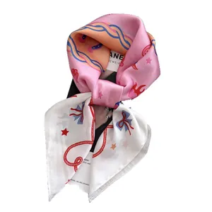 Elegant floral silk square scarf with pink and blue vintage nautical patterns on white background