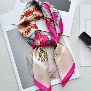 Rose Red Satin Square Scarf For Women Retro Chain Print Elegant Silk-Like Head Hair Band Bag Wrap Neck Kerchief Accessory