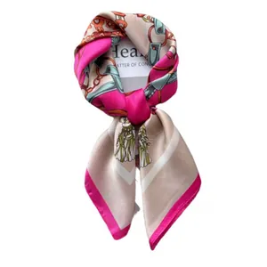 Elegant 70cm satin square scarf with vintage equestrian print and fuchsia pink border