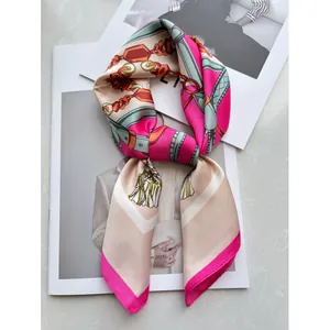 Elegant 70cm silk satin square scarf featuring luxury chain and tassel print patterns