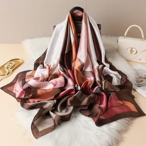 Women Elegant Geometric Print Satin Scarf Large Sun Protection Shawl Fashion Lightweight Long Wrap Scarf For Ladies