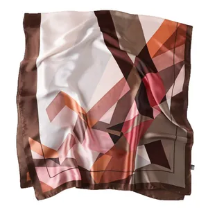 Elegant geometric silk scarf with brown and pink blocks, lightweight satin wrap for women