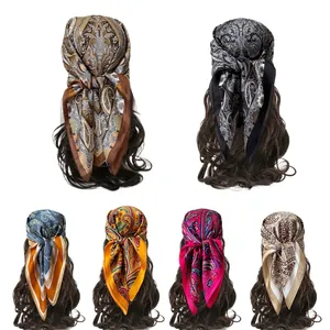 French Vintage Satin Square Scarf Women Paisley Pattern Elegant Headscarf Versatile Neckerchief Fashion Hair Bandana Accessory