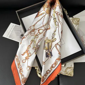 French style silk scarf with vintage equestrian carriage patterns and orange border