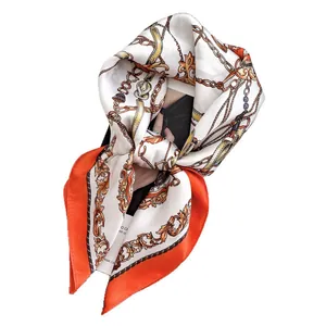 French style silk scarf featuring gold chain patterns and elegant orange borders