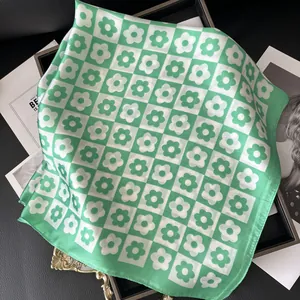 Green and white checkered 70cm satin square scarf with white flower patterns for women