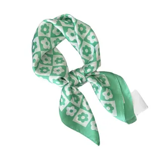 Green floral checkerboard satin silk neck scarf for women with elegant knot design