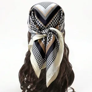Silk-textured square scarf with black and white gingham pattern and striped borders