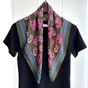Green paisley satin square silk scarf with vintage floral patterns for women