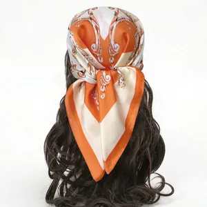 Women Vintage Baroque Print Satin Square Scarf Elegant Orange Beige Polyester Neck Scarf Headscarf Fashion Accessory