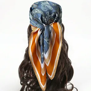 French vintage paisley silk headscarf in blue and orange for elegant hair styling