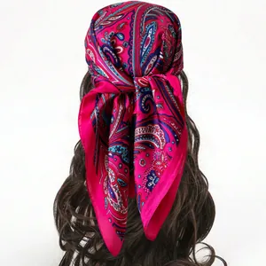 French vintage rose red paisley silk scarf used as an elegant hair accessory for women