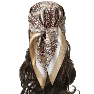 French vintage paisley silk headscarf in gold and brown with a soft satin finish