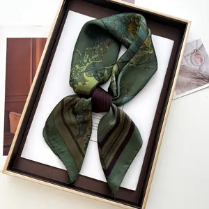 Vintage Reitdruck Satin Quadratisch Seidenschal Für Damen Elegant Oliven Grün Pferdemuster Halstuch Mode Haar Accessoire