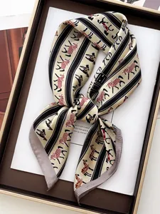 Classic equestrian style silk scarf with colorful horse print on creamy white fabric