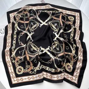 Black 70x70cm satin silk square scarf with golden chain belt pattern and smooth texture