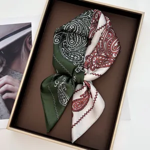 Two-tone paisley silk-like square scarf in a premium gift box with fashion magazine