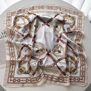 Elegant 70x70cm satin square scarf featuring vintage chain and leather belt patterns