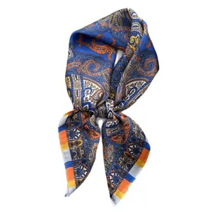 Classic paisley pattern silk square scarf with elegant blue and orange knotted design