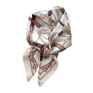 Elegant 70x70cm silk-feel square scarf featuring classic equestrian chain and belt prints