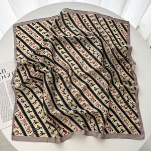 Elegant silk scarf with vintage equestrian horse print and striped border design