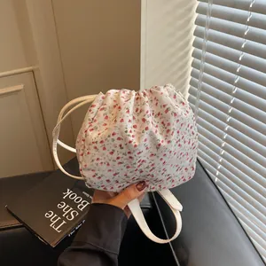 Women's Floral Drawstring Bucket Bag Fresh Casual Fabric Shoulder Crossbody Bag Mini Handbag For Daily Travel Outdoor