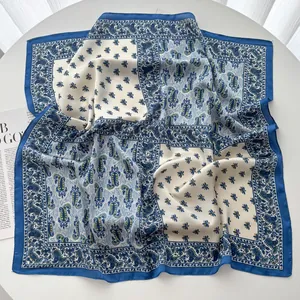 Blue and cream paisley print square silk scarf with vintage floral patterns and soft drape